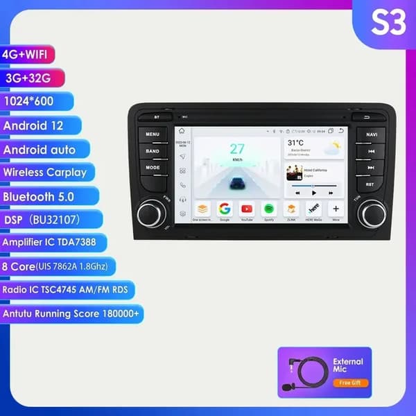 Carplay Android -autoradio, 4G-yhteys, monimediasoitin, S3 (8-ydin 3G 32G)