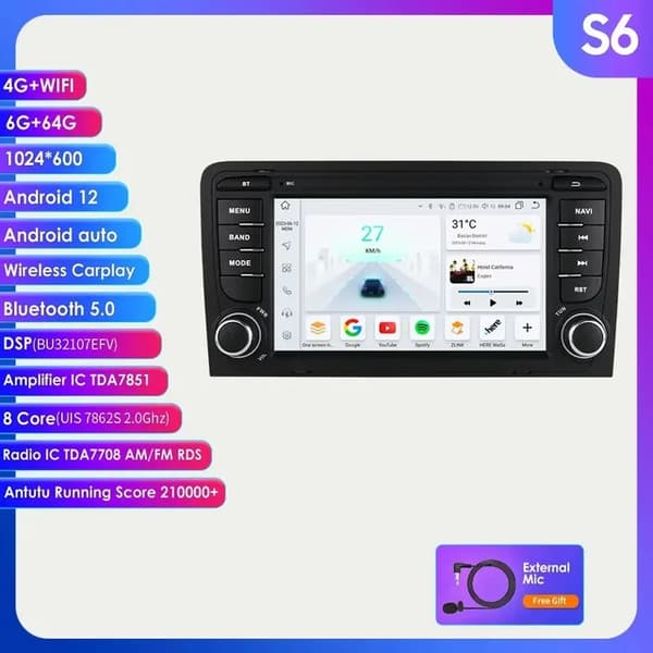 Carplay Android Autoradio, 4G-forbindelse, multimedie videospiller, S6 (8Core 6G 64G)