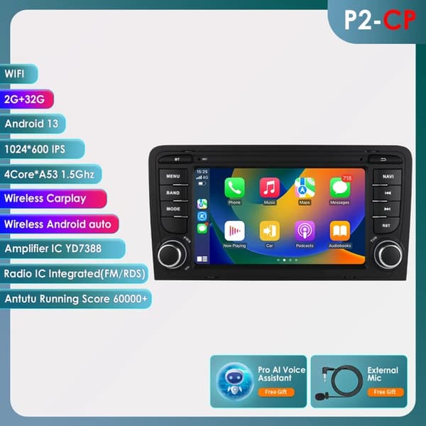 Carplay Android -autoradio, 4G-yhteys, monimediasoitin, P2-CP(2G 32G) AI