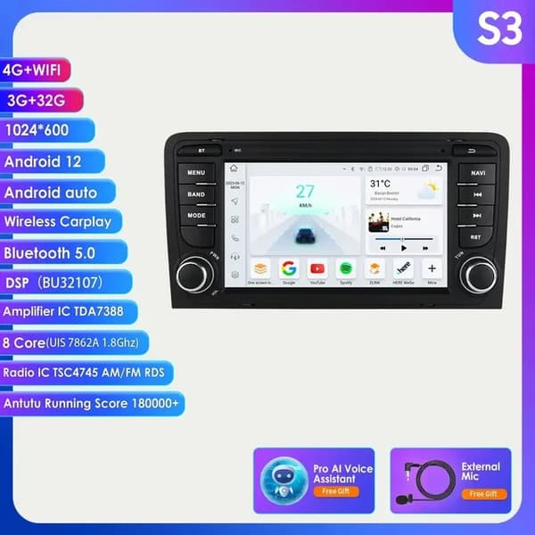 Carplay Android Autoradio, 4G-forbindelse, multimedie videospiller, S3 (8Core 3G 32G) AI