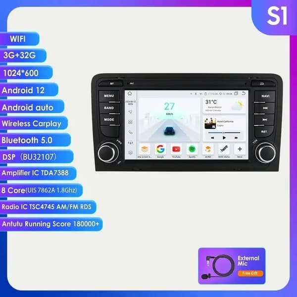 Carplay Android -autoradio, 4G-yhteys, monimediasoitin, S1 (8-ydin 3G 32G)