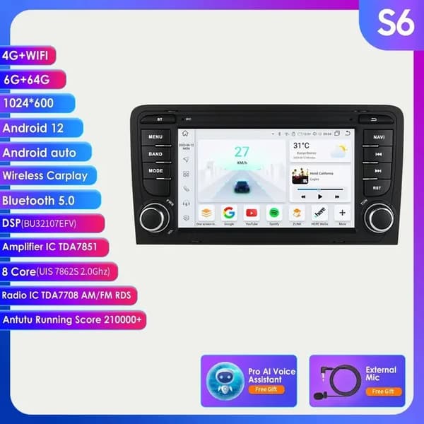 Carplay Android Autoradio, 4G-forbindelse, multimedie videospiller, S6 (8Core 6G 64G) AI