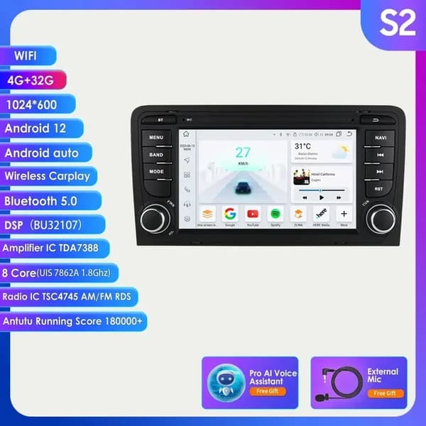 Carplay Android Autoradio, 4G-forbindelse, multimedie videospiller, S2 (8Core 4G 32G) AI