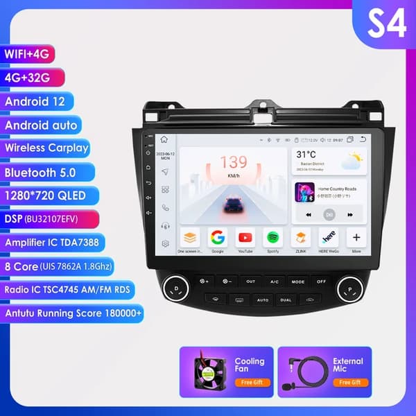 Auton multimedia GPS-autoradio, Android Auto, Carplay, 8 ydintä-4G 32G -S4
