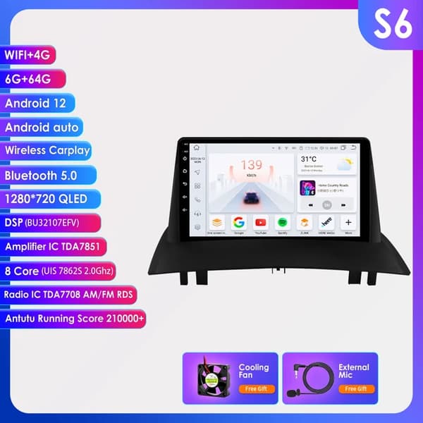 Bilradio, Android 12, Carplay integration, S6-6G 64G-8cores-4G