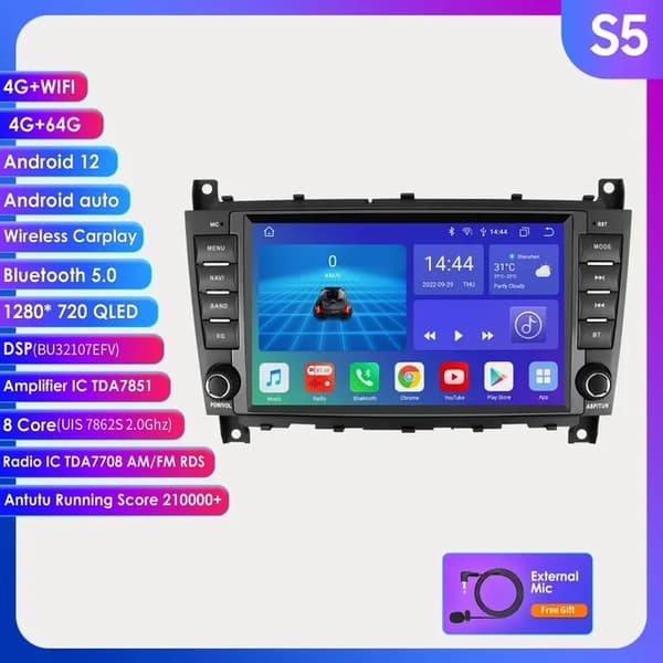 Auton multimedia-soitin, 4G-LTE-yhteys, Android 10 -käyttöjärjestelmä, 8 tuuman S5