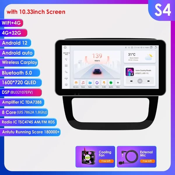 Carplay Android Auto, AI-integraatio, GPS-navigointi, 10,33 tuuman S4
