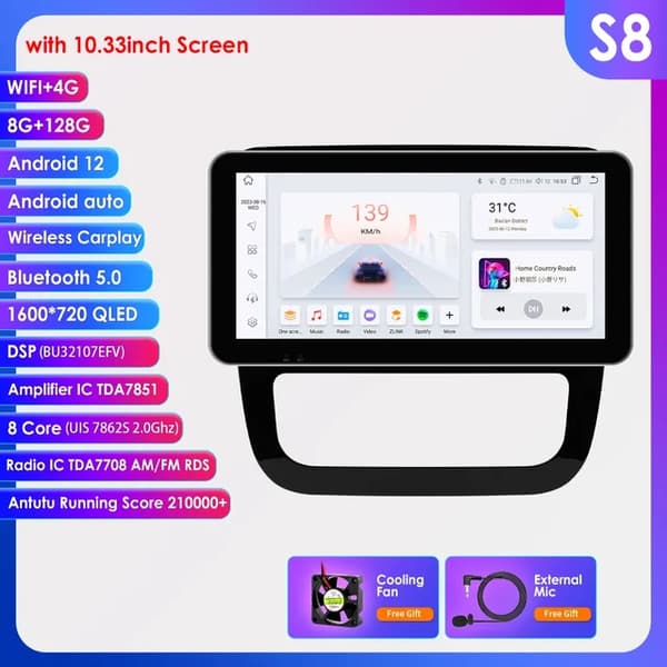 Carplay Android Auto, AI-integraatio, GPS-navigointi, 10,33 tuuman S8
