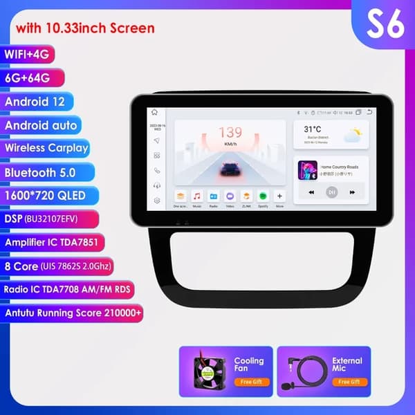 Carplay Android Auto, AI-integration, GPS-navigation, 10,33 tommer S6