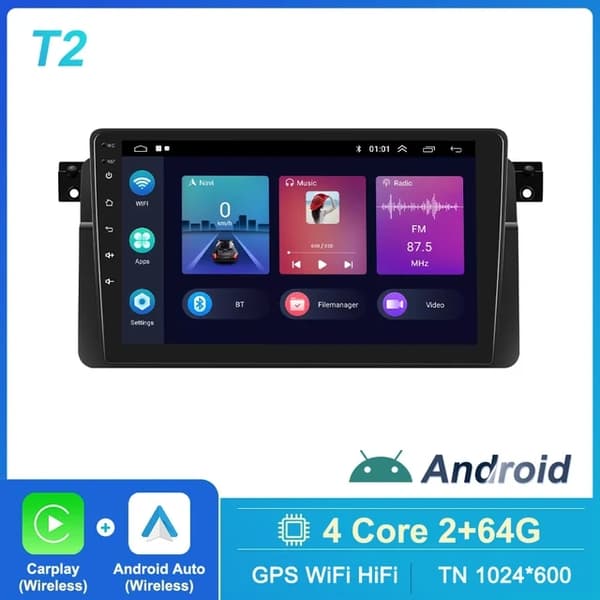 Carplay Android Autoradio, Langaton yhteys, GPS-navigointi, T2 2 64G kamera
