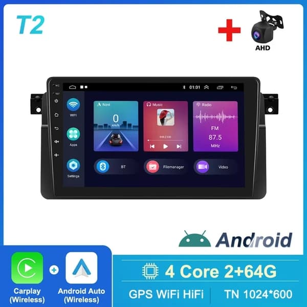 Carplay Android Autoradio, Langaton yhteys, GPS-navigointi, T2 2 64G kamera