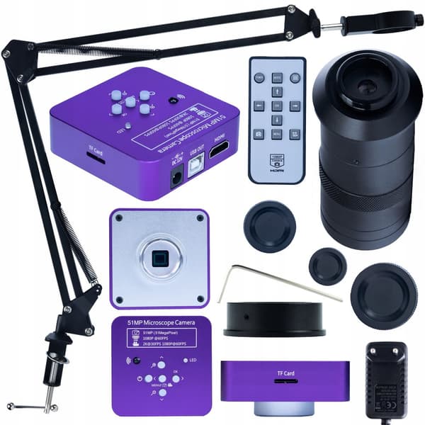 Digitalt mikroskop med Puppis Pink PRO KMPPP-HDMI-USB 51MP kamera med justerbar bom og ODM-100X linse
