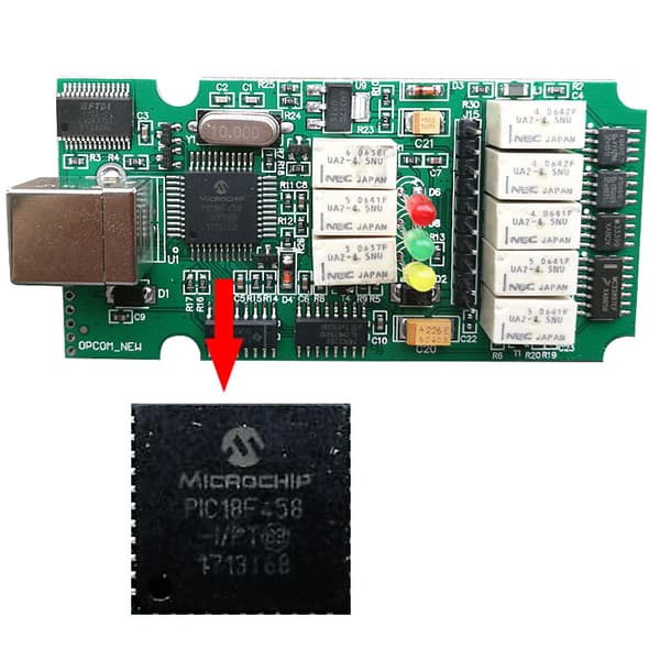 OBD2-koodinlukija, Real PIC18F458-siru, Flash Firmware, Opcom 2021, Real PIC18F458