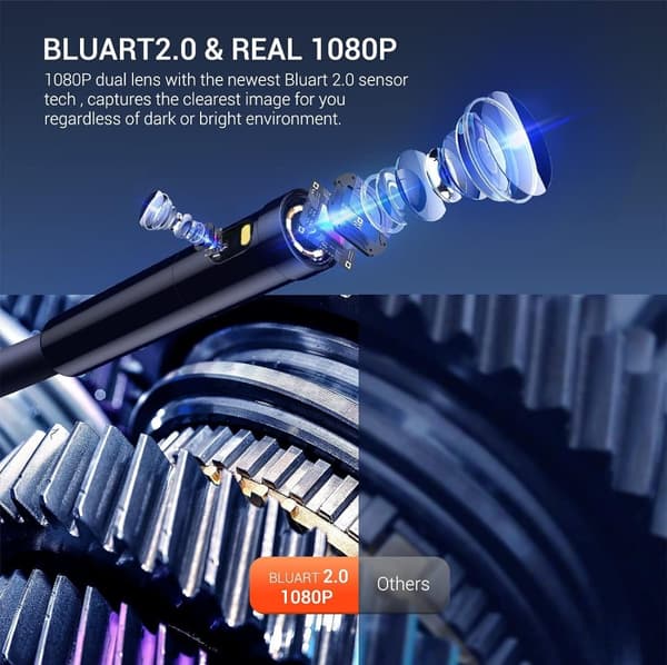 DS3000 Dobbel Lens Endo-/Borescope 1080P digitalt inspeksjonskamera, 5m kabel 7,9 mm IP67 4,3" LCD-skjerm, 7x LED