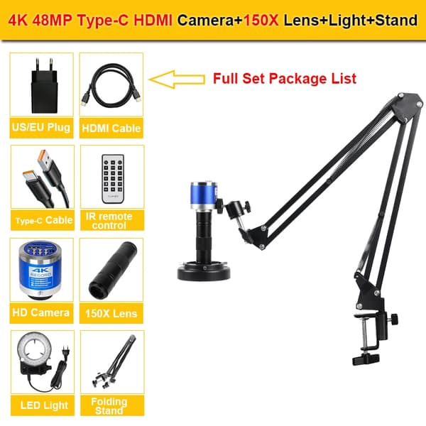 Digital Mikroskop, 48MP Fotos, HDMI Udgange 1080P,Almindelig beslag sæt, 150X zoomlinse