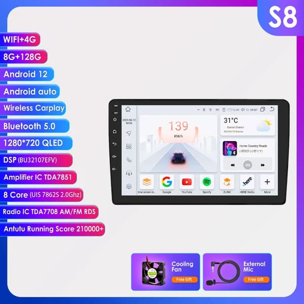 Bil Multimedia GPS, AI Stemme Kontrol, Trådløs CarPlay, 8 kerner-8G 128G -S8