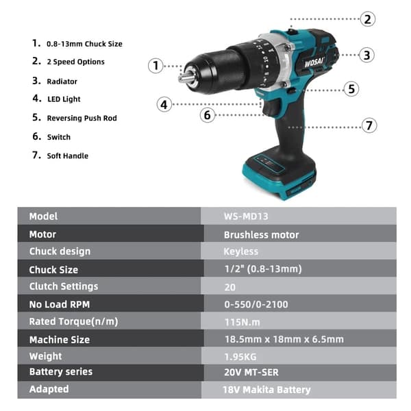 Elektrisk skruetrækker, børsteløs motor, 20V lithium-ion batteri