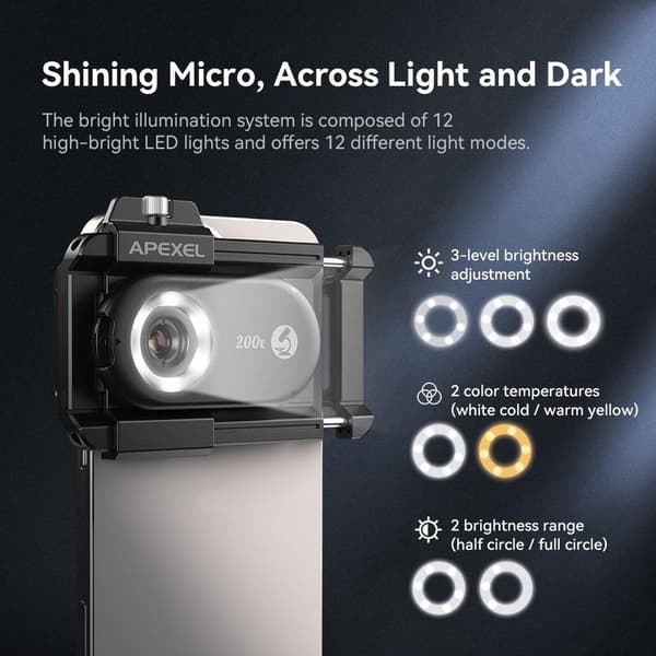 APEXEL Telefon Mikro Linse Nano Zoom for Android/iPhone med LED UV Lys/CPL/Universal Klemme APL-MS200