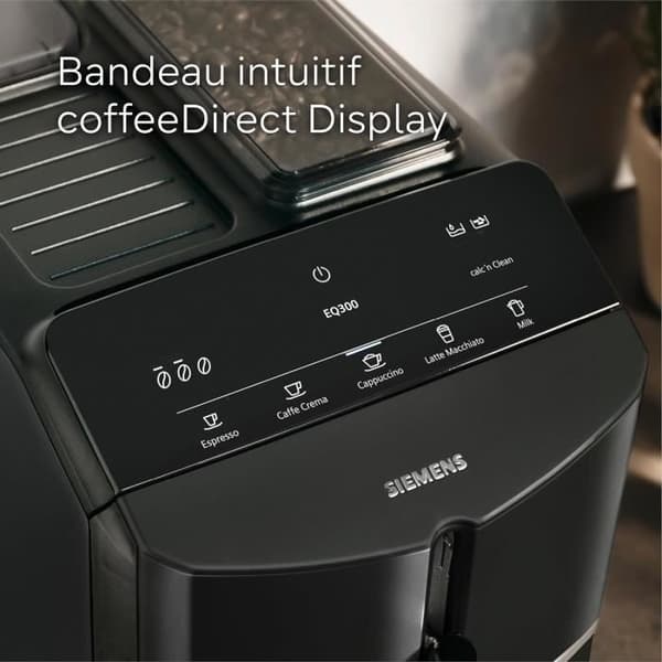 SIEMENS Helautomatska kaffe-maskin EQ300 ceramDrive milkPerfect svart piano TF301E19