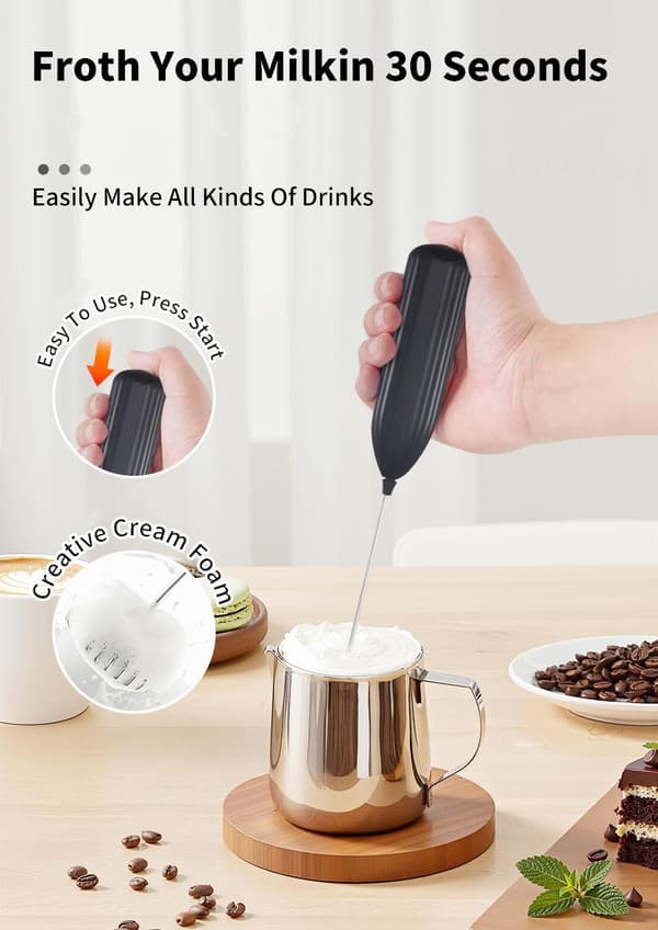 Lollanda Handhållen elektrisk mjölkskummare med batteridrift – 10000 RPM visp med stativ, perfekt för kaffe, matcha