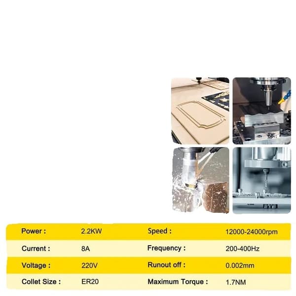 {1,5kW / 2,2kW luftkyld spindelmotor - ER11 / ER20 spännhylsa, fyra lager & 12000-24000 varv/min} 2.2KW