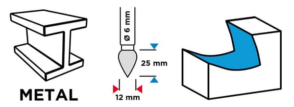 HM metalfræser, type G (skarp ogival), 12 x 25 mm, skaft 6 x 45 mm