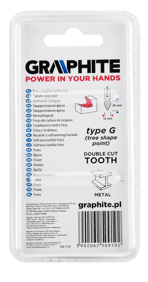 HM metalfræser, type G (skarp ogival), 12 x 25 mm, skaft 6 x 45 mm