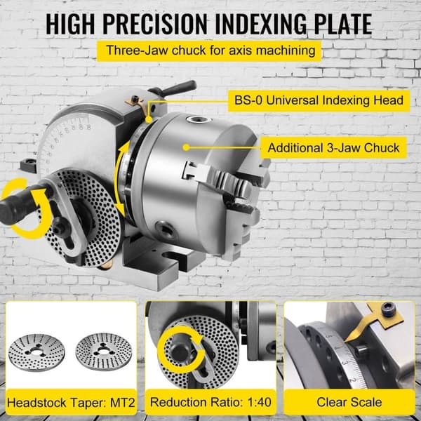 BS-0 5" justerbar precisionsdelningshuvud med indexeringsplatta, tailstock och 125mm 3 käftchuck, semi-universal indexingshuvud