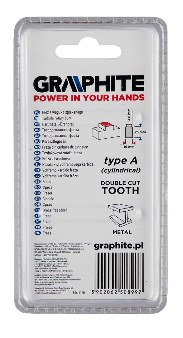 HM metalfræser, type A (cylindrisk), 16 x 25 mm, skaft 6 x 45 mm