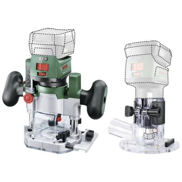 Bosch AdvancedTrimRouter 18V-8 -trimmeri jyrsimellä. pistokejalustalla. ilman akkua