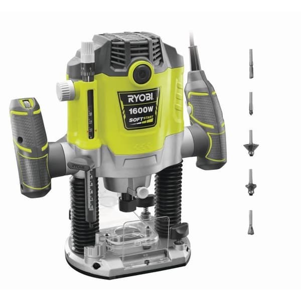 RYOBI - 1600 W overfræser - 10.000-26.000 o/min - 8/6 mm spændetænger - 5 skær medfølger - Leveres i kuffert - RRT1600-K