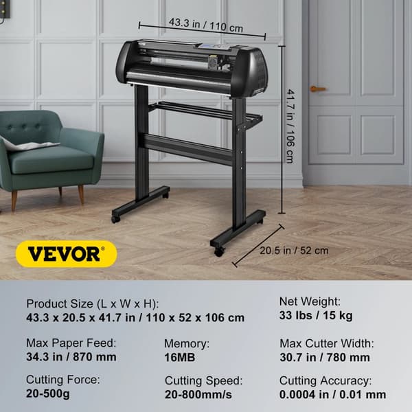 Vinyl-leikkuri, maksimi leikkausleveys 24,8 tuumaa, leikkausnopeus 10-800 mm/s, 3 terää,34Tuumaa