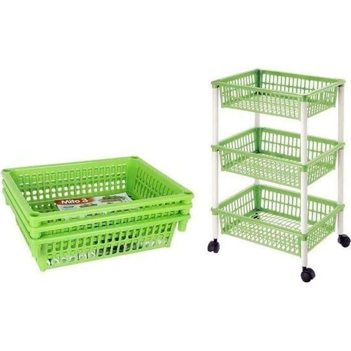 Avtagbar grönsaksvagn i plast 3 lådor med hjul (40 X 29 x 62 cm) Färg - Grön