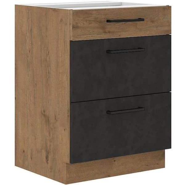 ROCK kastrullskåp - Lancelot ek och materegrå dekor melamin - 3 lådor - L60 x H82 cm