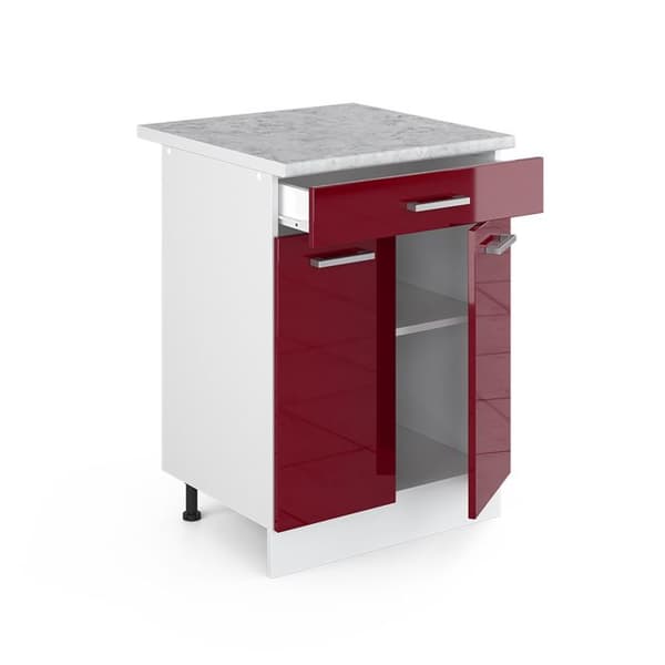Köksmöbel R-Line, 60 cm med låda, PT Marmor, Bordeauxröd Högglans, Vit, Vicco
