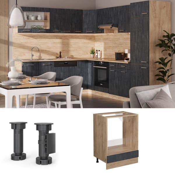 Meubel för ugn R-Line, 60 cm PT Marmor, Svart betong, Guld ek, Vicco