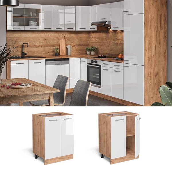Kökslåda R-Line, 60 cm PT Marmor, Vit hög glans, Guld ek, Vicco