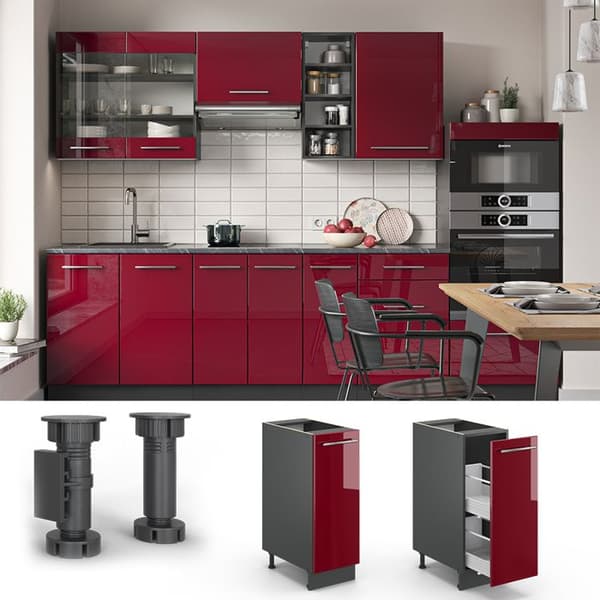 Köksmöbel Fame-Line, 30cm, PT Ek, Vinkelt röd hög glans, Anthracite, Vicco