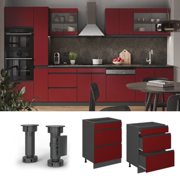 Köksmöbel R-Line, 60cm med lådor, PT Ek, Röd, Antracit, Vicco