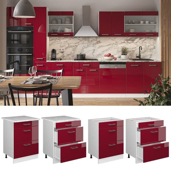 Köksmöbel R-Line, 60 cm med lådor, PT Antracit, Bordeaux röd hög glans, Vit, Vicco