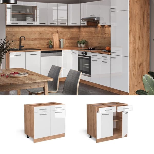Köksmöbel R-Line, 80 cm, PT Antracit, Vit högglans, Guldstärkt ek, Vicco