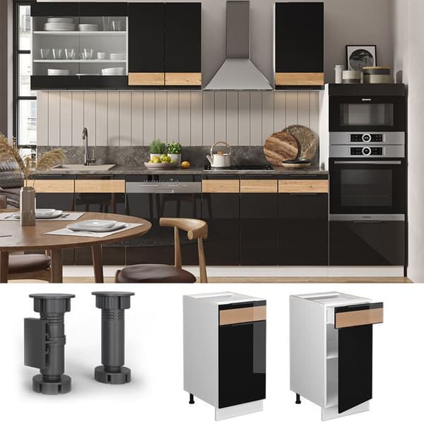 Meuble kök Fame-Line, 40 cm, PT Marmor, Svart ek glänsande, Vit, Vicco