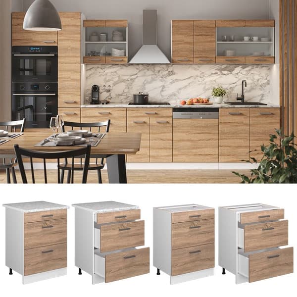 Kökmöbel R-Line, 60cm med lådor, PT Ek, Sonoma, Vit, Vicco