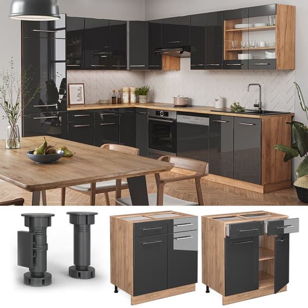 Köksmöbel Fame-Line, 80 cm, PT Antracit, Antracit Hög glans, Guld ek, Vicco
