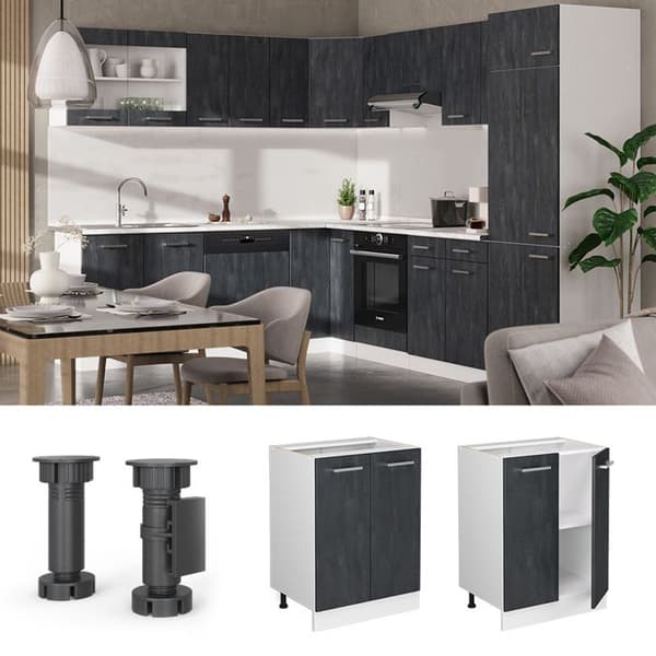 Meuble bas de cuisine R-Line, 60cm PT Ek, Betong svart, Vit, Vicco