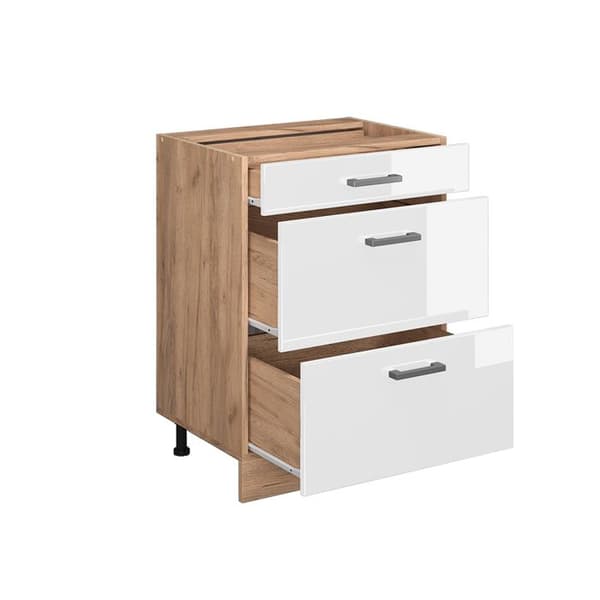 Köksmöbel R-Line, 60 cm med lådor, PT Ek, Vit högglans, Guldstål ek, Vicco