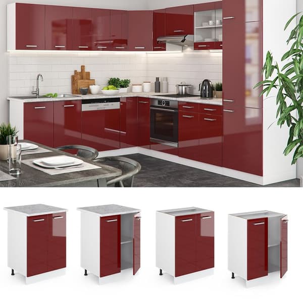 Meuble bas de cuisine R-Line, 60 cm, PT Anthracite, Röd vinröd hög glans, Vitt, Vicco