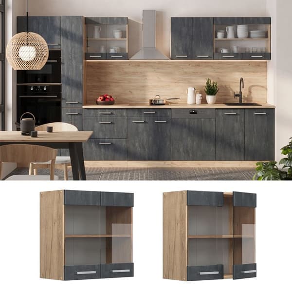 Vicco högglasat köksskåp R-Line, Svart betong, 60 cm