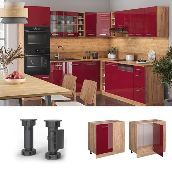 Kombinationsmöbel R-Line, 86cm utan PT, Bordeauxröd hög glans, Guldstarka ek, Vicco