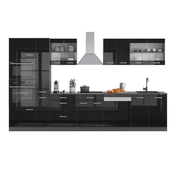 R-Line kökslinje, 350 cm med högskåp, PT Marble, Svart Högglans, Vicco